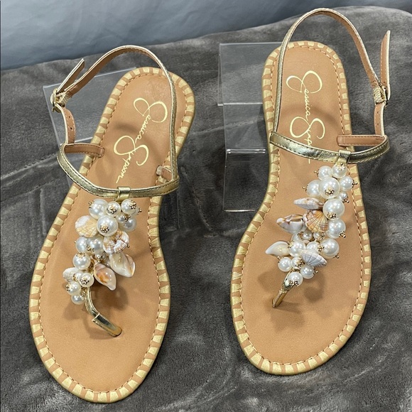 Jessica Simpson Gold Sandals with Pearl Accents - Picture 1 of 15